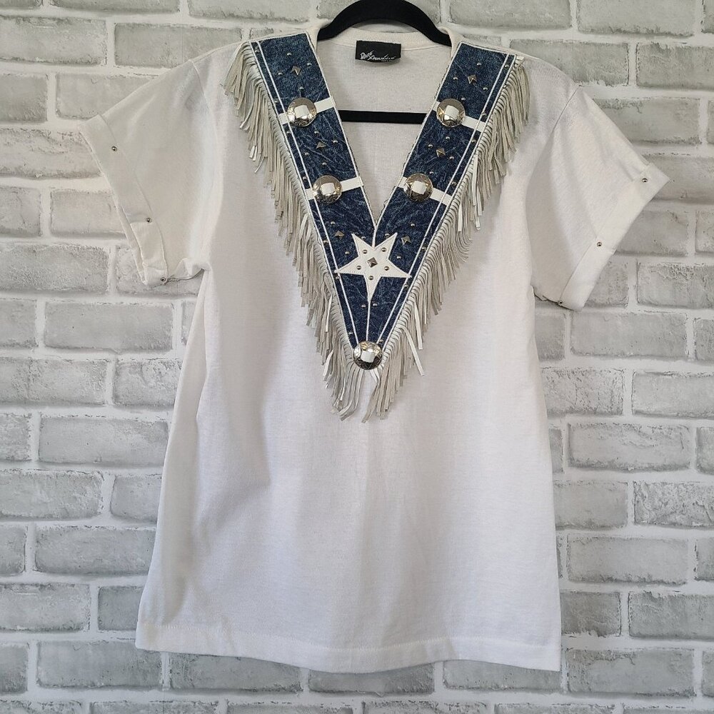 Vintage Tony Ward Rare Xperiance Western TShirt Sz S Fringe Conchos Leather Stud